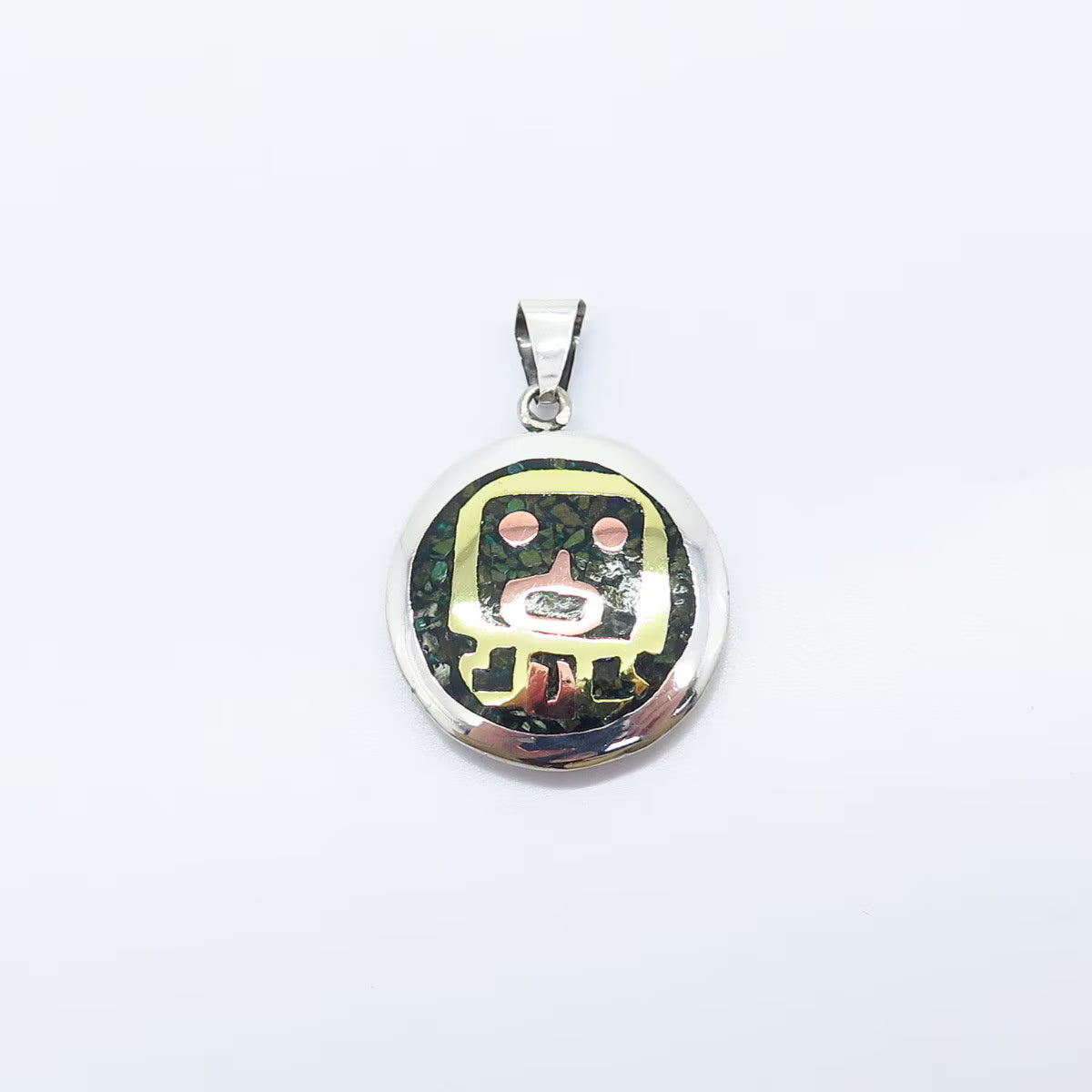 925 Sterling Silver 3-Tone Vintage Real Turquoise Gem Inlay Tribal Pendant