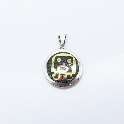 925 Sterling Silver 3-Tone Vintage Real Turquoise Gem Inlay Tribal Pendant