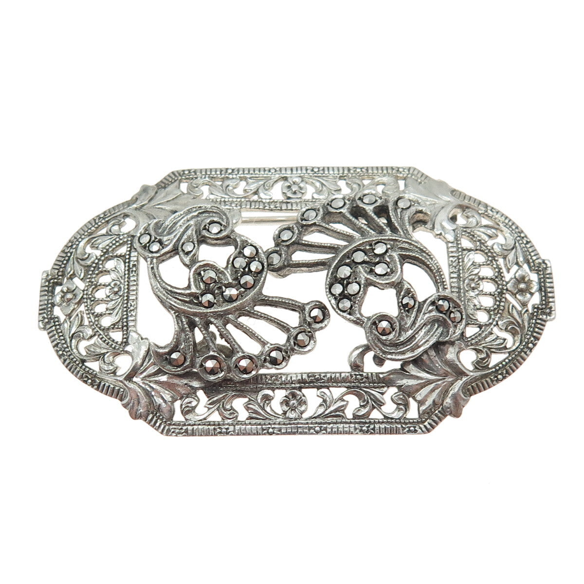 925 Sterling Silver Antique Art Deco Marcasite Gem Floral Leaf Ornate Brooch