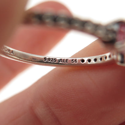 Pandora 925 Sterling Silver C Z Sparkling Pink Bow Ring Size 7.75