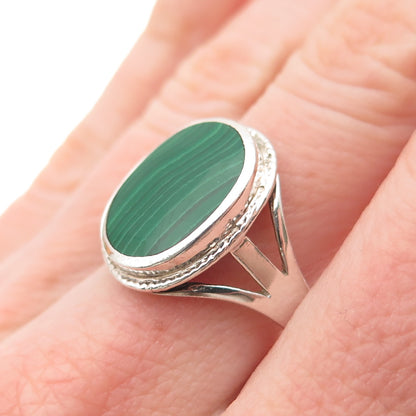925 Sterling Silver Vintage Real Oval-Cut Malachite Ring Size 8.75
