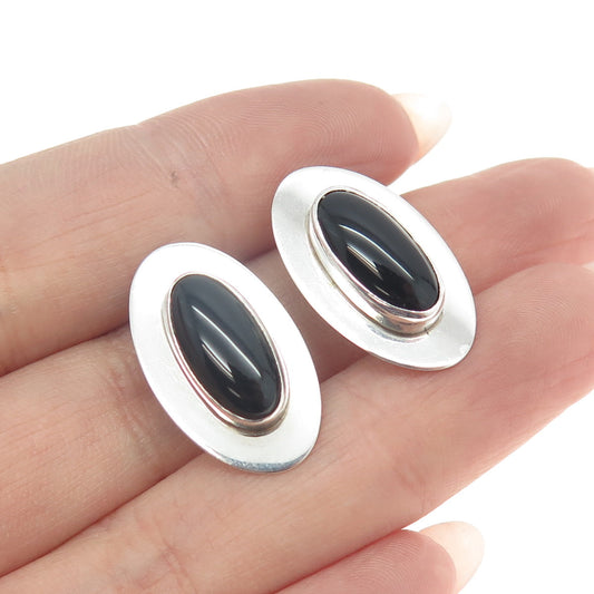 INCA 925 Sterling Silver Vintage Real Black Onyx Tribal Clip On Earrings