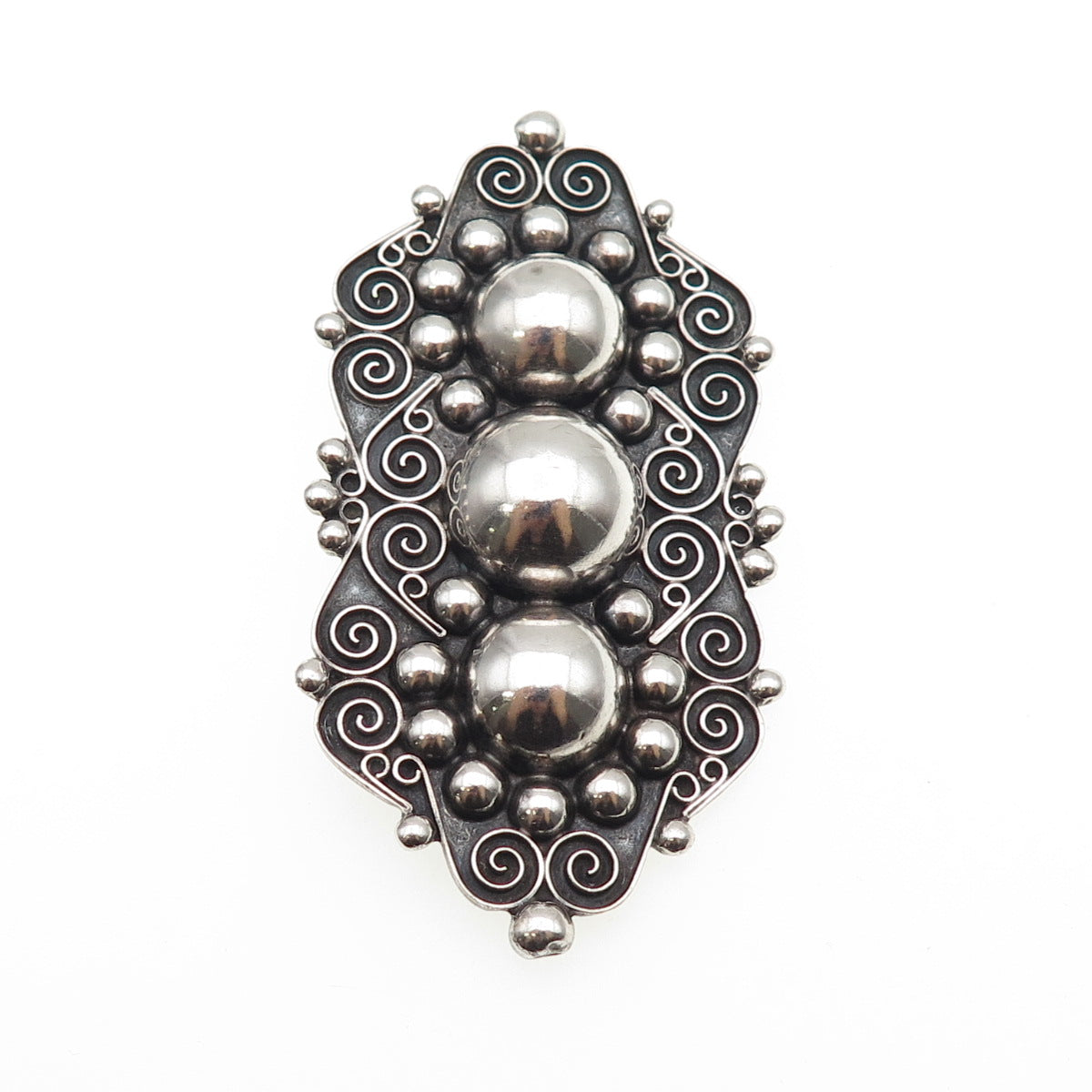 TOBIAS 925 Sterling Silver Vintage Mexico Swirl Beaded Oxidized Pin Brooch