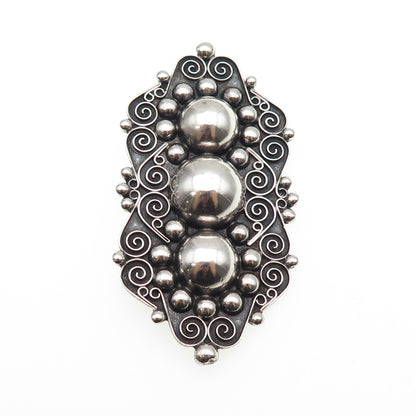 TOBIAS 925 Sterling Silver Vintage Mexico Swirl Beaded Oxidized Pin Brooch