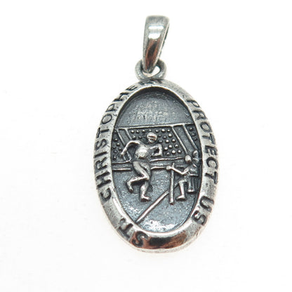 925 Sterling Silver Vintage St. Christopher Football Medal Oxidized Pendant