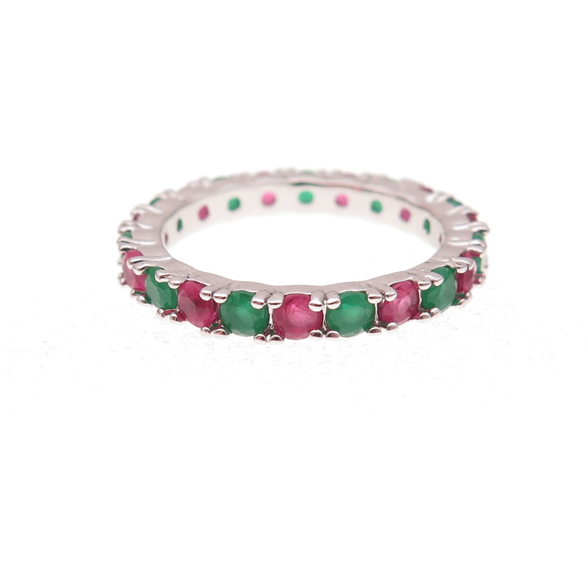 925 Sterling Silver Real Green & Pink Chalcedony Eternity Band Ring Size 7
