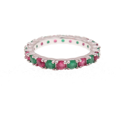 925 Sterling Silver Real Green & Pink Chalcedony Eternity Band Ring Size 7