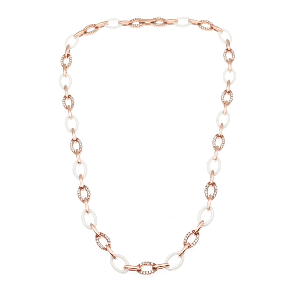 925 Sterling Silver & Ceramic Rose Gold Plated C Z Oval Chain Necklace 16"