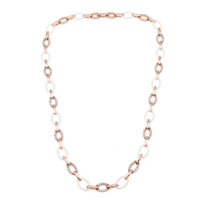 925 Sterling Silver & Ceramic Rose Gold Plated C Z Oval Chain Necklace 16"