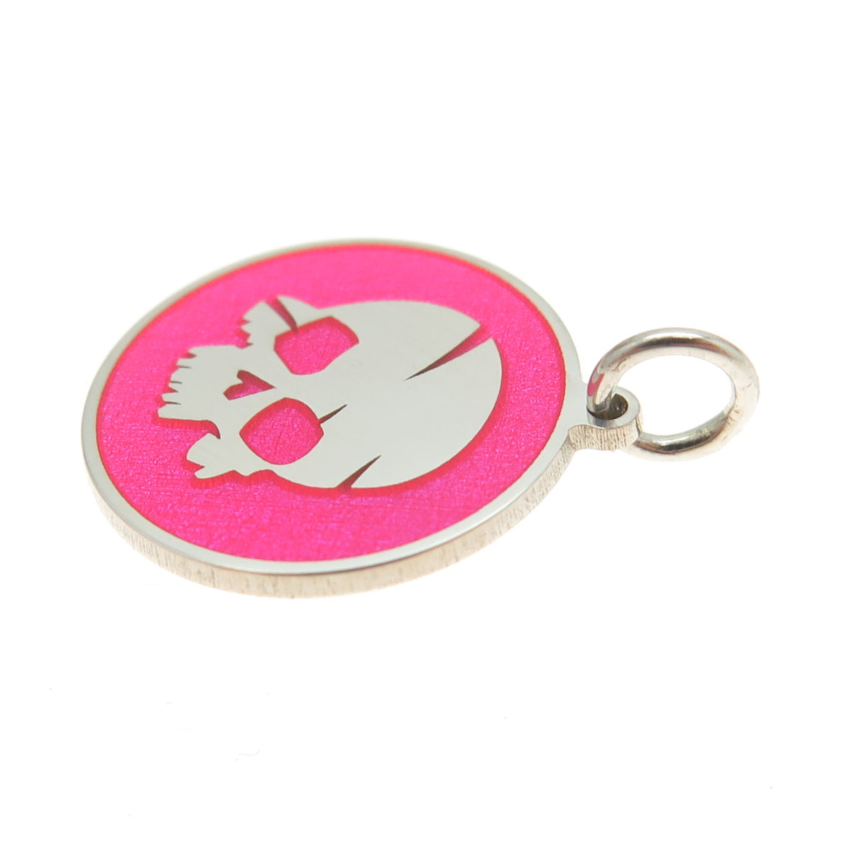 925 Sterling Silver Pink Enamel Skull Round Tag Minimalist Charm Pendant