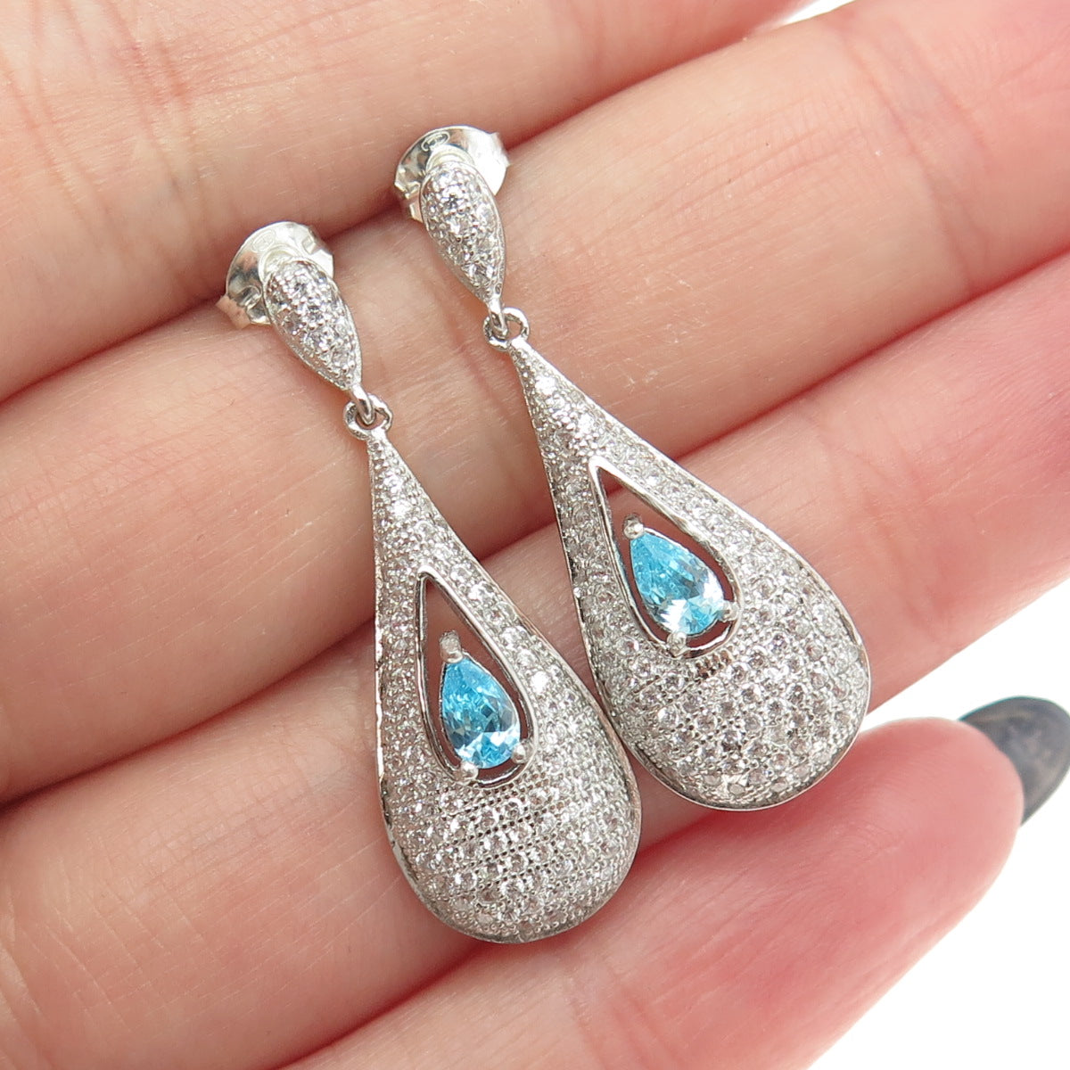 925 Sterling Silver Round & Pear-Cut Blue White C Z Drop Dangling Earrings