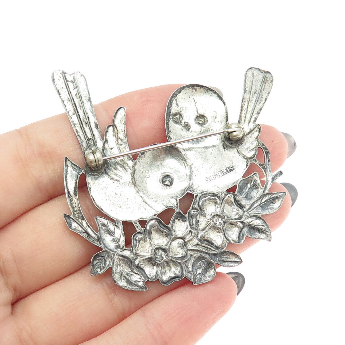 925 Sterling Silver Vintage Bird Couple Floral Blossom Pin Brooch