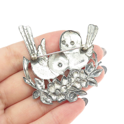 925 Sterling Silver Vintage Bird Couple Floral Blossom Pin Brooch