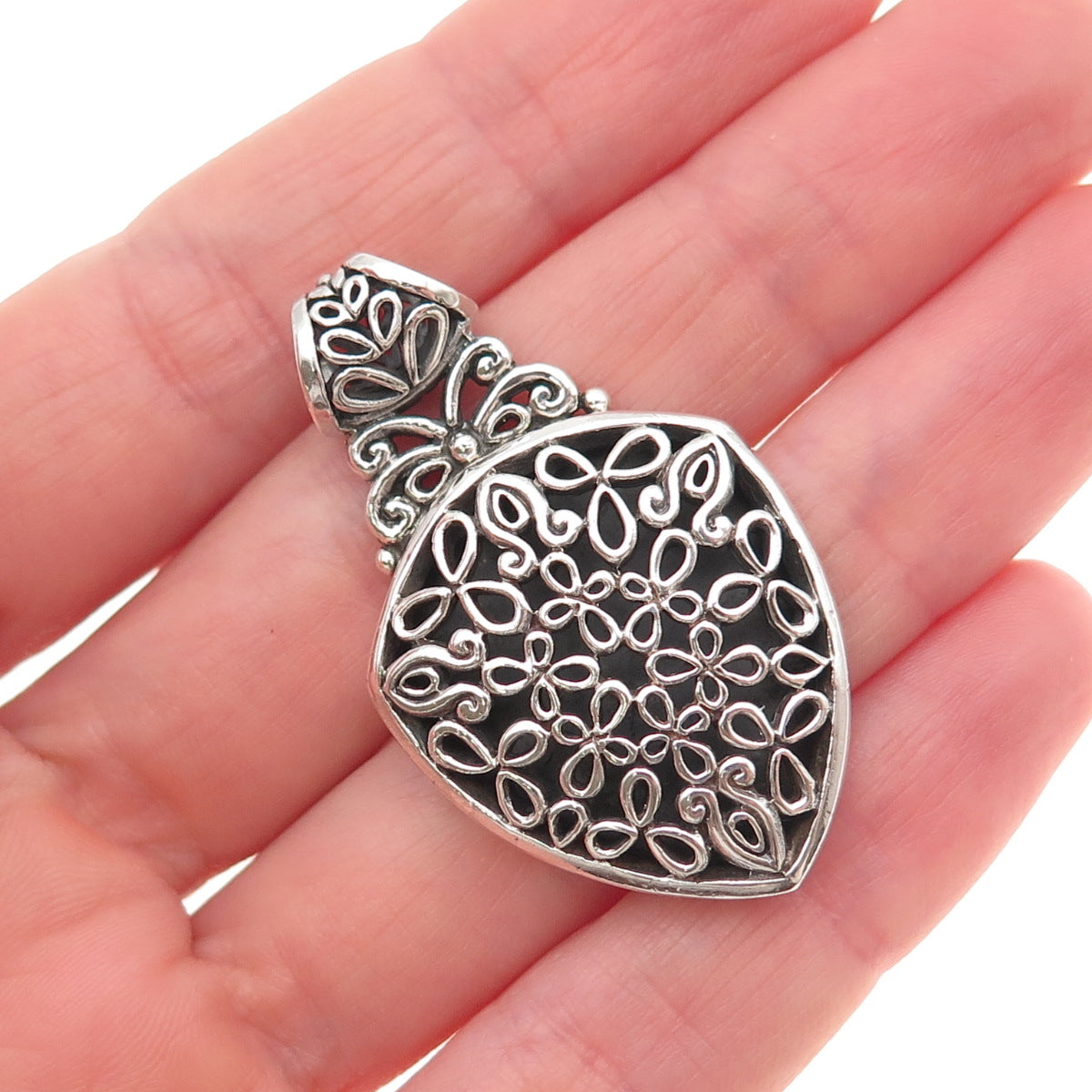 925 Sterling Silver Vintage Mexico Floral Ornate Oxidized Slide Charm Pendant