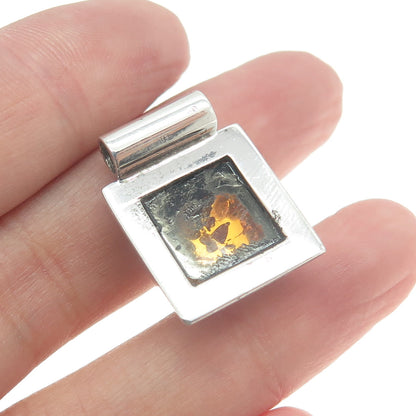 925 Sterling Silver Vintage Real Amber Modernist Square Pendant