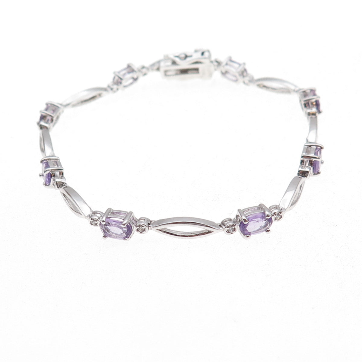925 Sterling Silver Real Amethyst & C Z Bracelet 7.25"