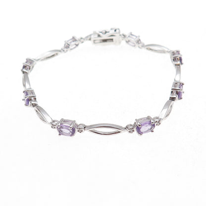 925 Sterling Silver Real Amethyst & C Z Bracelet 7.25"