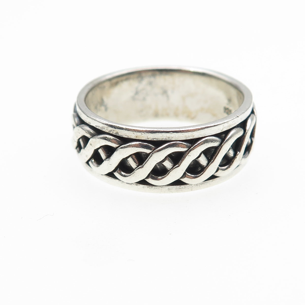 925 Sterling Silver Vintage Braided Oxidized Rotating Band Ring Size 9.75