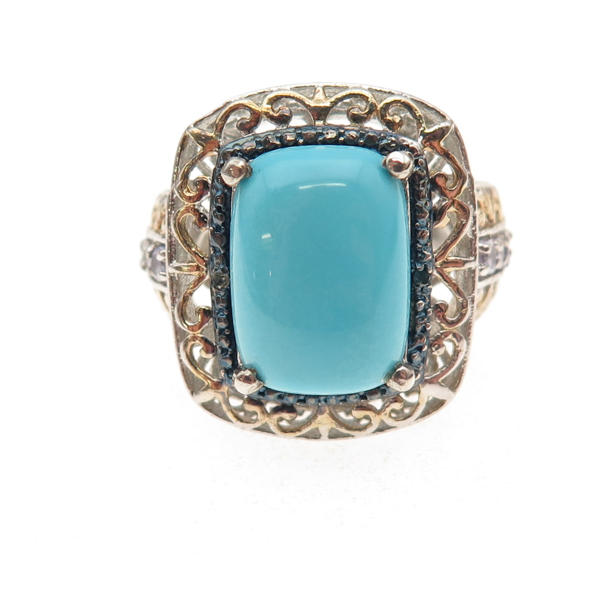 Chuck Clemency Sterling 2-Tone Real Diamond Turquoise & Tanzanite Ring Size 8.25