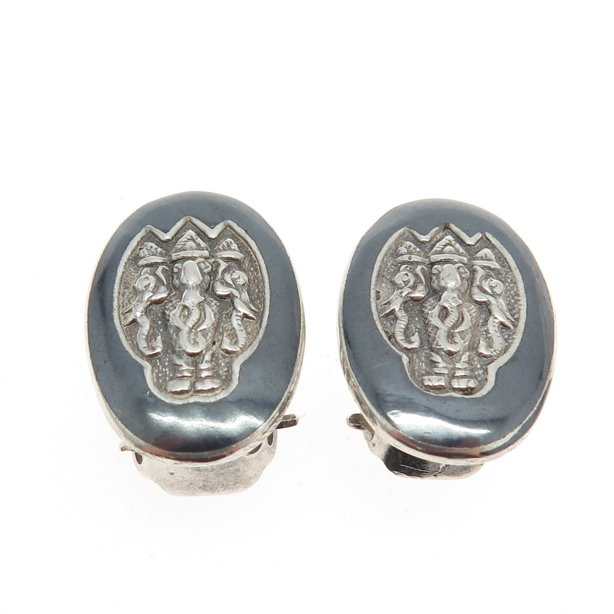 925 Sterling Silver Antique Art Deco SIAM Tribal Clip On Earrings