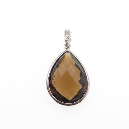 925 Sterling Silver Real Round-Cut Diamond & Pear-Cut Smoky Quartz Charm Pendant