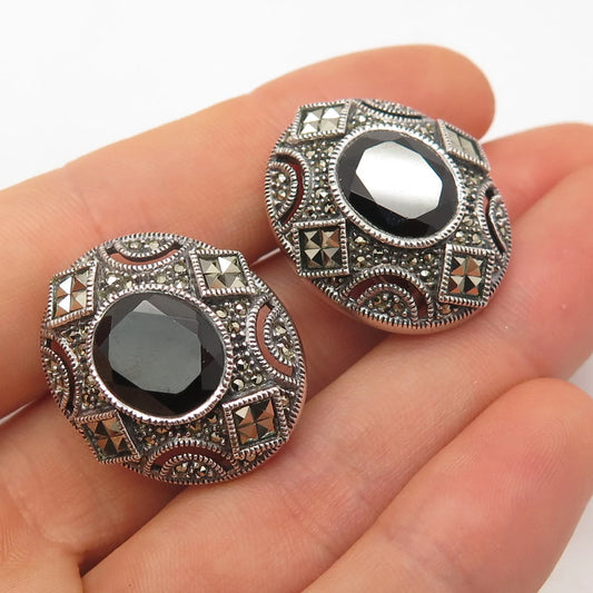 925 Sterling Silver Vintage Judith Jack Black Onyx & Marcasite Gem Earrings
