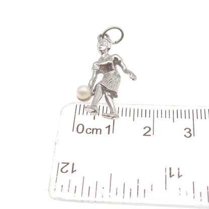 925 Sterling Silver Vintage Real Pearl Female Bowler Oxidized Charm Pendant