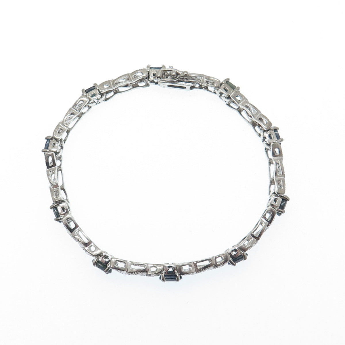 925 Sterling Silver Real Diamond Accent & Sapphire Gem XO Link Bracelet 7"