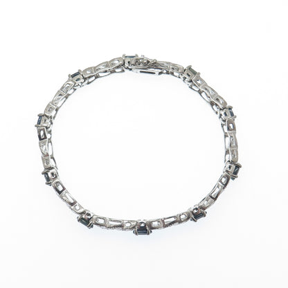 925 Sterling Silver Real Diamond Accent & Sapphire Gem XO Link Bracelet 7"