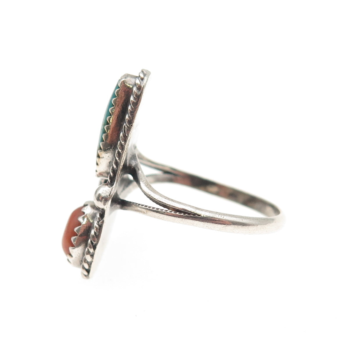 Old Pawn Sterling Silver Vintage Turquoise Cat's Eye Feather Tribal Ring Size 8