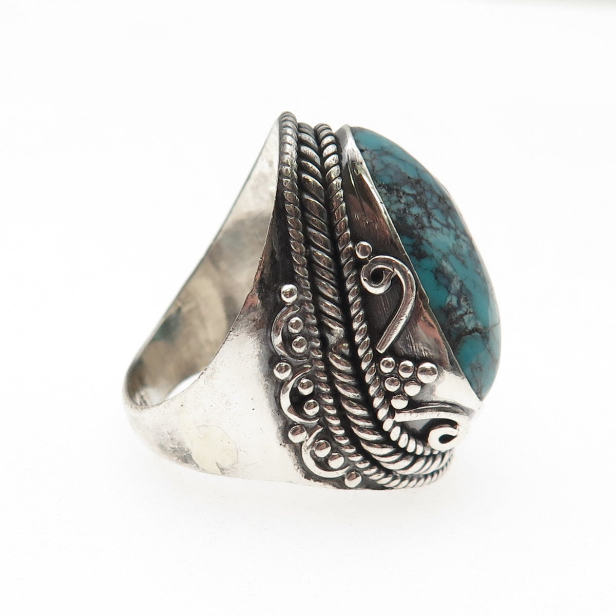 925 Sterling Silver Vintage Real Peacock Turquoise Oxidized Ring Size 8.75
