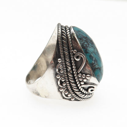 925 Sterling Silver Vintage Real Peacock Turquoise Oxidized Ring Size 8.75
