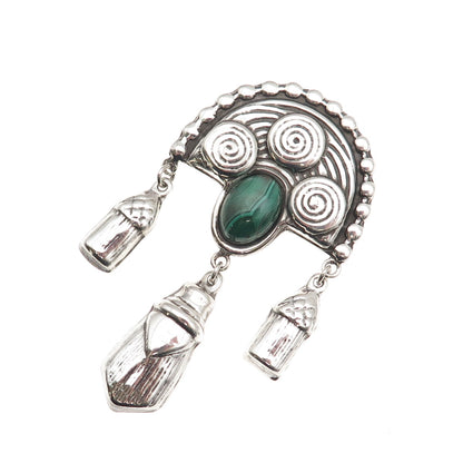 925 Sterling Silver Vintage Real Malachite Aztec Goddess Oxidized Pin Brooch