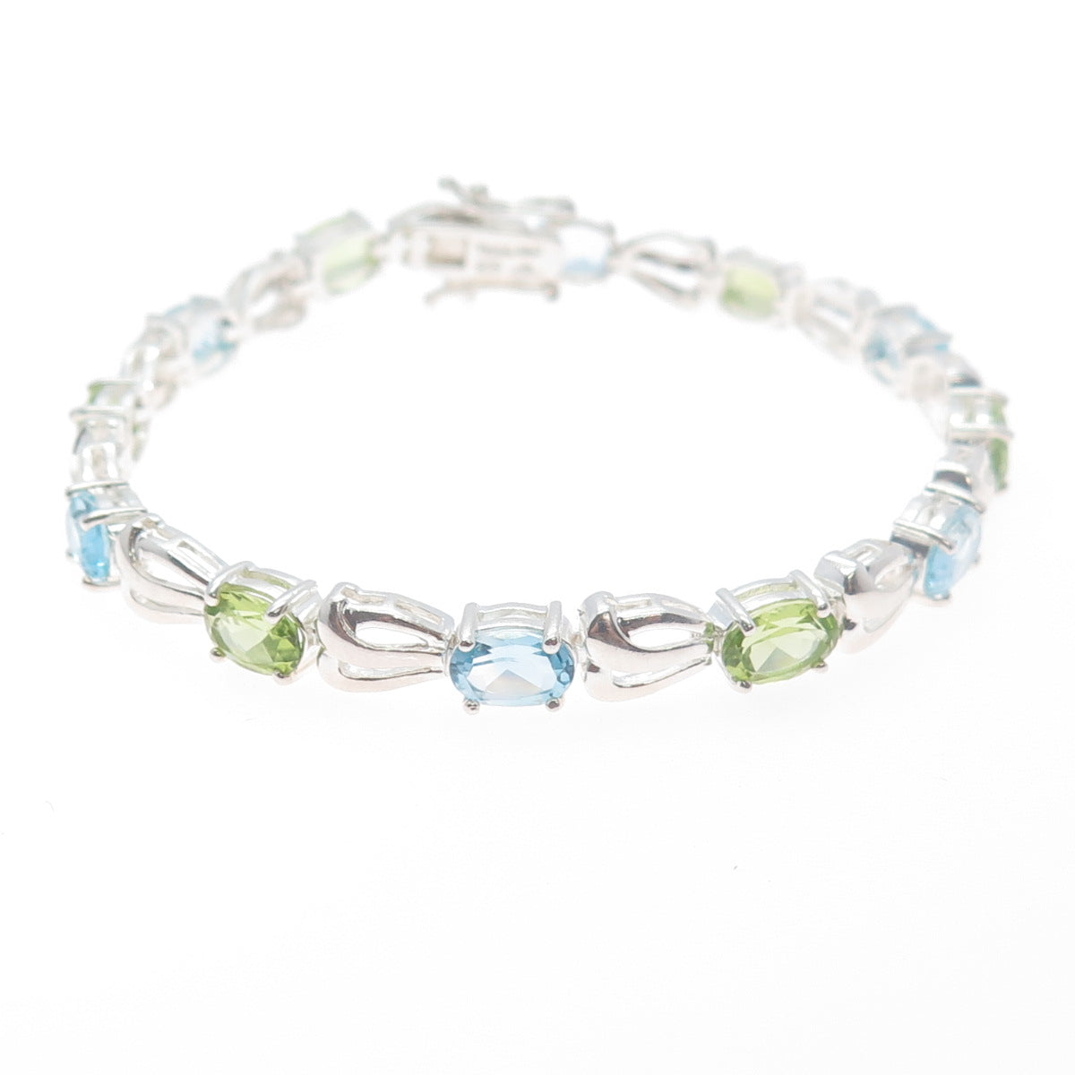 925 Sterling Silver Vintage Real Oval-Cut Blue Topaz & Peridot Bracelet 7.25"