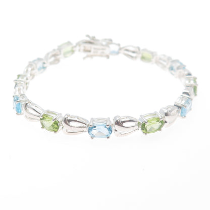 925 Sterling Silver Vintage Real Oval-Cut Blue Topaz & Peridot Bracelet 7.25"