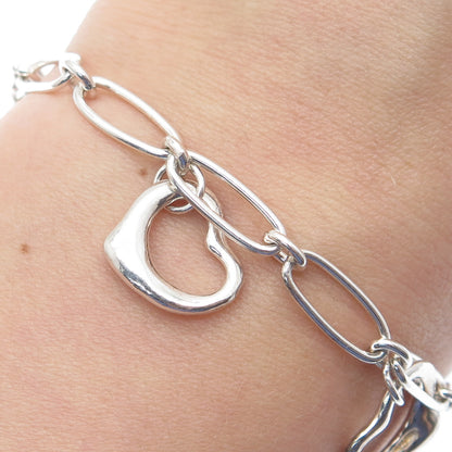 925 Sterling Silver Vintage Open Heart Charms Paperclip Link Bracelet 7"