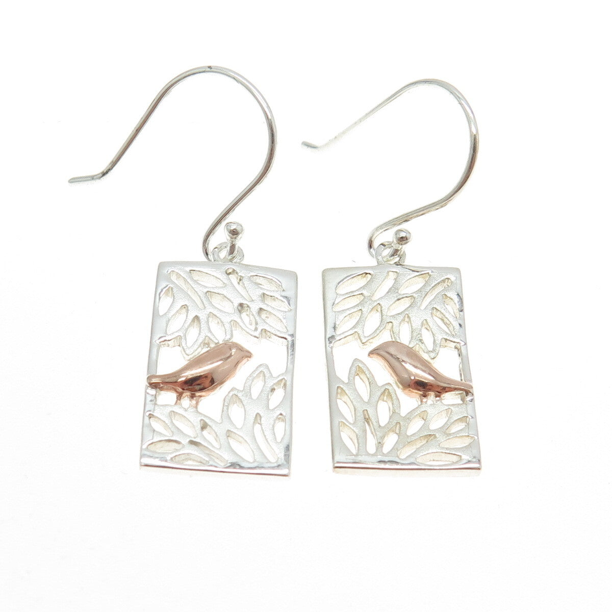925 Sterling Silver 2-Tone Bird Dangling Earrings