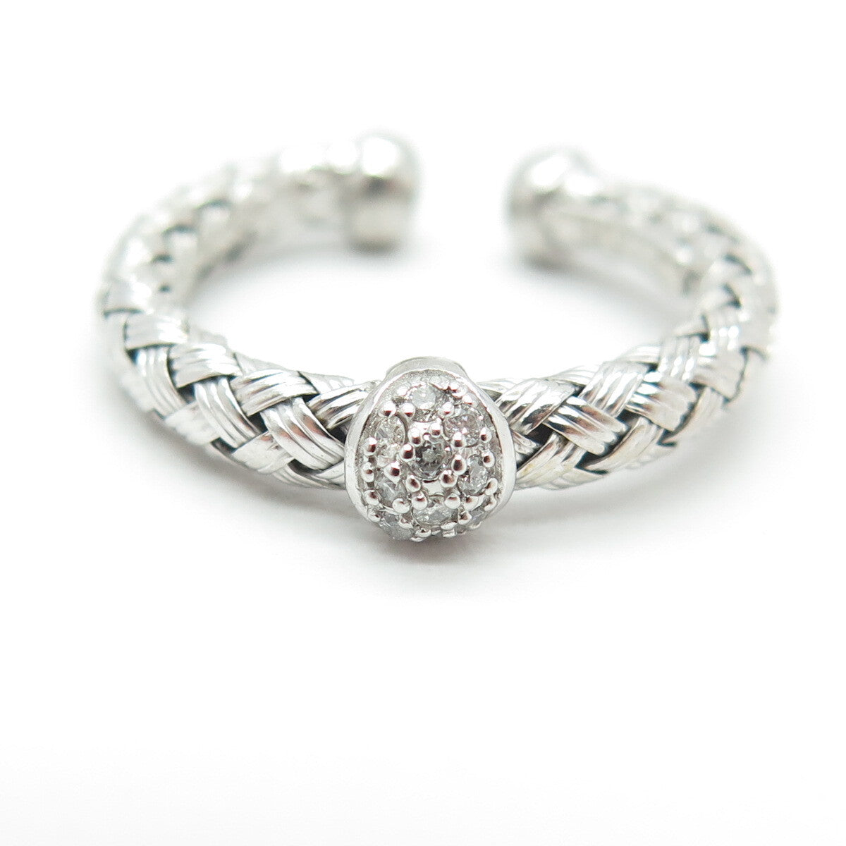 925 Sterling Silver Real Round-Cut Diamond Braided Adjustable Ring Size 4.5