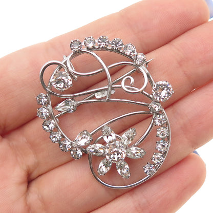 CARL ART 925 Sterling Silver Antique Art Deco Rhinestone Swirl Pin Brooch