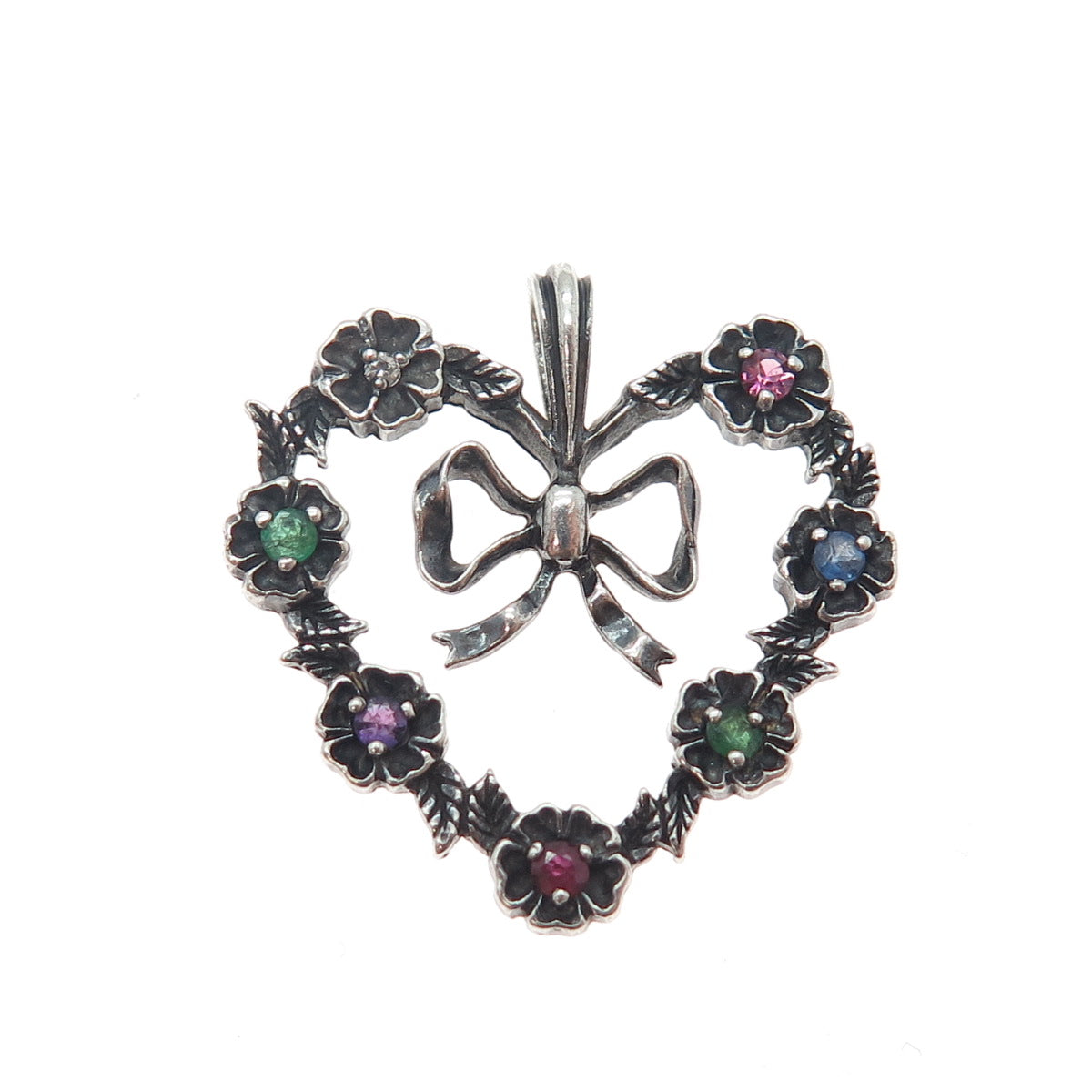 FRANKLIN MINT Sterling Vintage 1982 Diamond Sapphire Emerald Ruby Heart Pendant