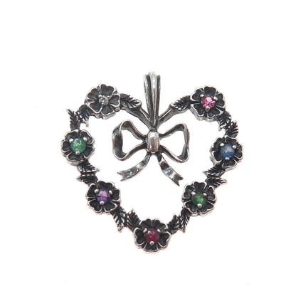 FRANKLIN MINT Sterling Vintage 1982 Diamond Sapphire Emerald Ruby Heart Pendant