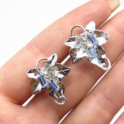 925 Sterling Silver Vintage Cart Art Blue Rhinestone Leaf Screw Back