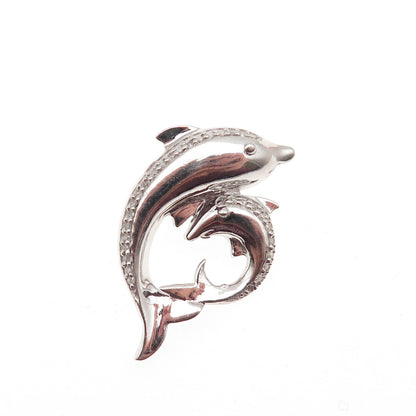925 Sterling Silver Real Diamond Mom & Child Dolphin Slide Charm Pendant