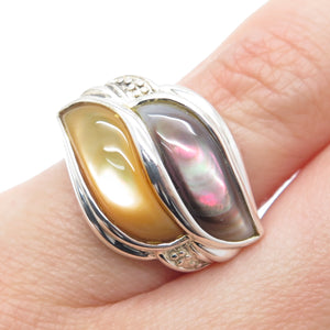 925 Sterling Silver Vintage WW Hong Kong Real MOP & Abalone Shell Ring Size 5.25