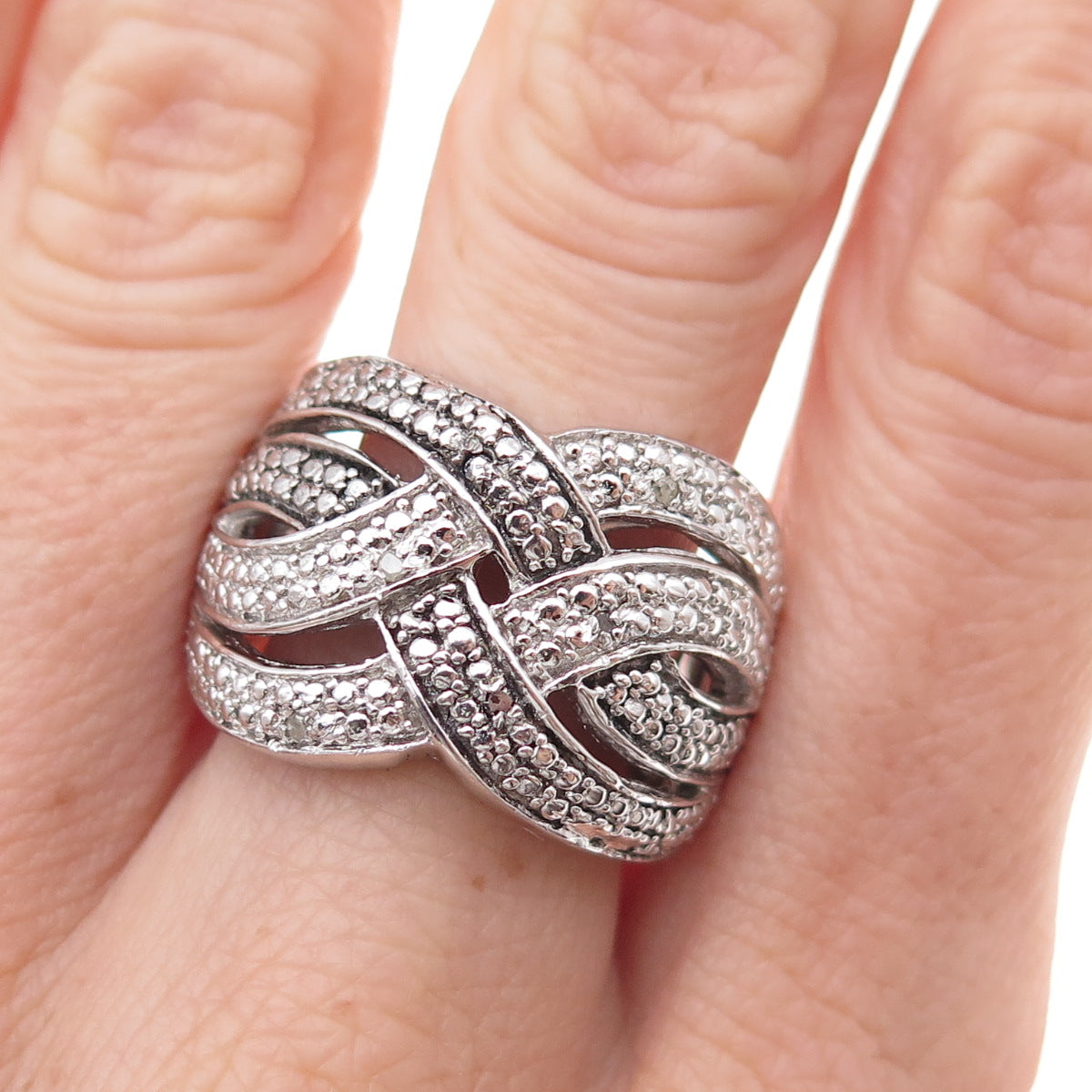 Chuck Clemency 925 Sterling Silver Real Round-Cut Diamond Woven Ring Size 8.25
