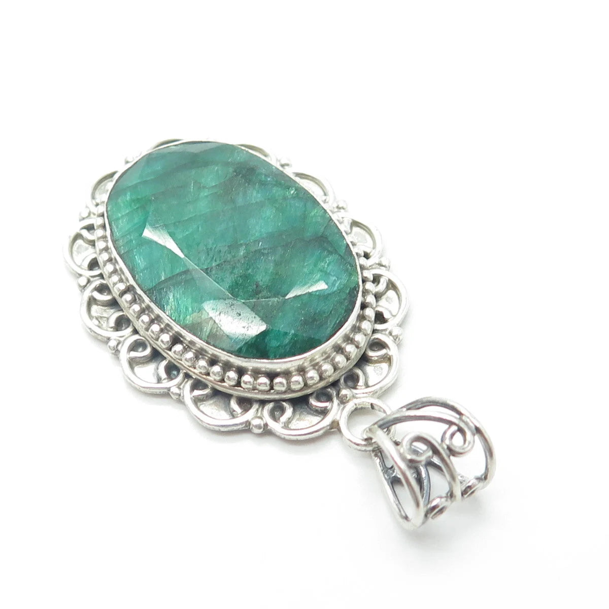 925 Sterling Silver Vintage Real Oval-Cut Green Zoisite Gem Swirl Oval Pendant