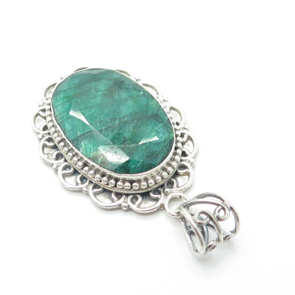 925 Sterling Silver Vintage Real Oval-Cut Green Zoisite Gem Swirl Oval Pendant