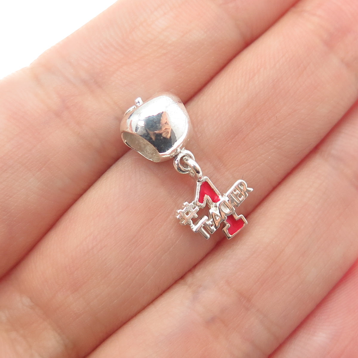 REFLECTION BEADS 925 Sterling Silver Enamel #1 Teacher Apple Slide Dangle Charm