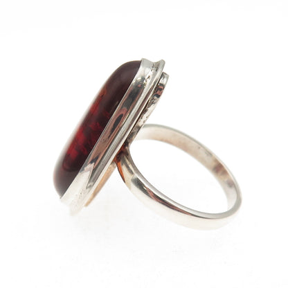 925 Sterling Silver Vintage Real Amber Modernist Ring Size 8.75