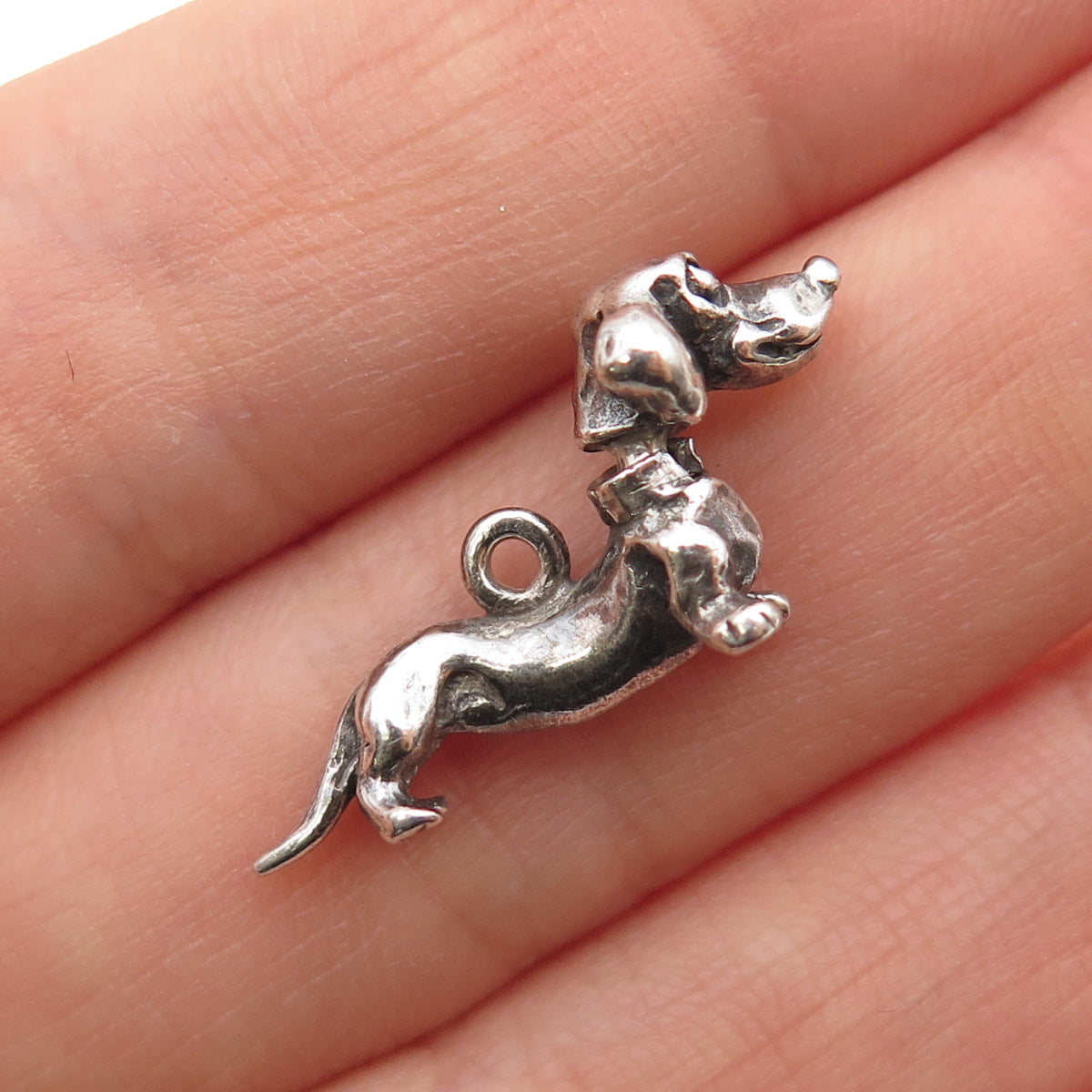 925 Sterling Silver Vintage Dachshund Oxidized Articulated Mini 3D Charm Pendant